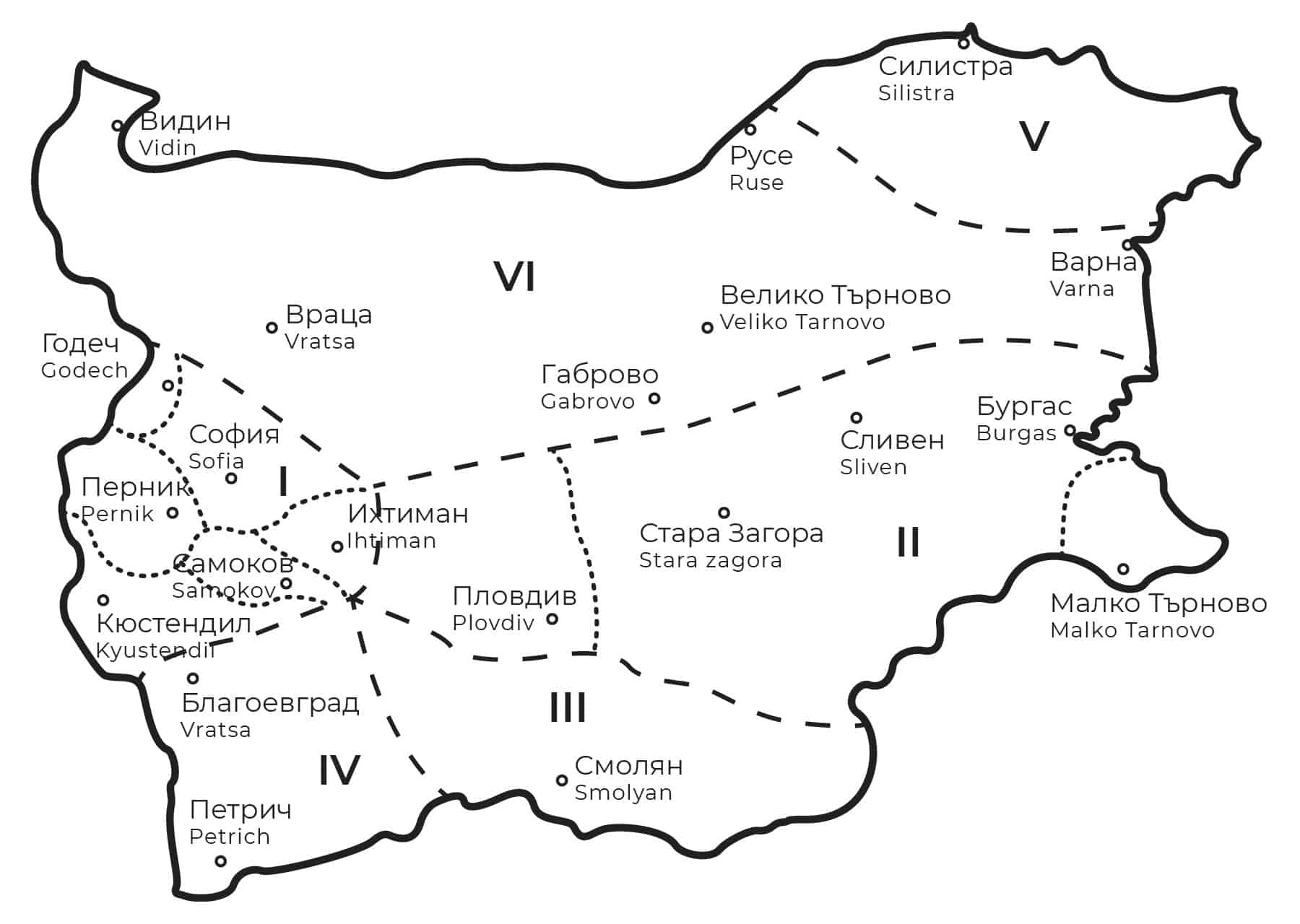 карта с етнографските области на България