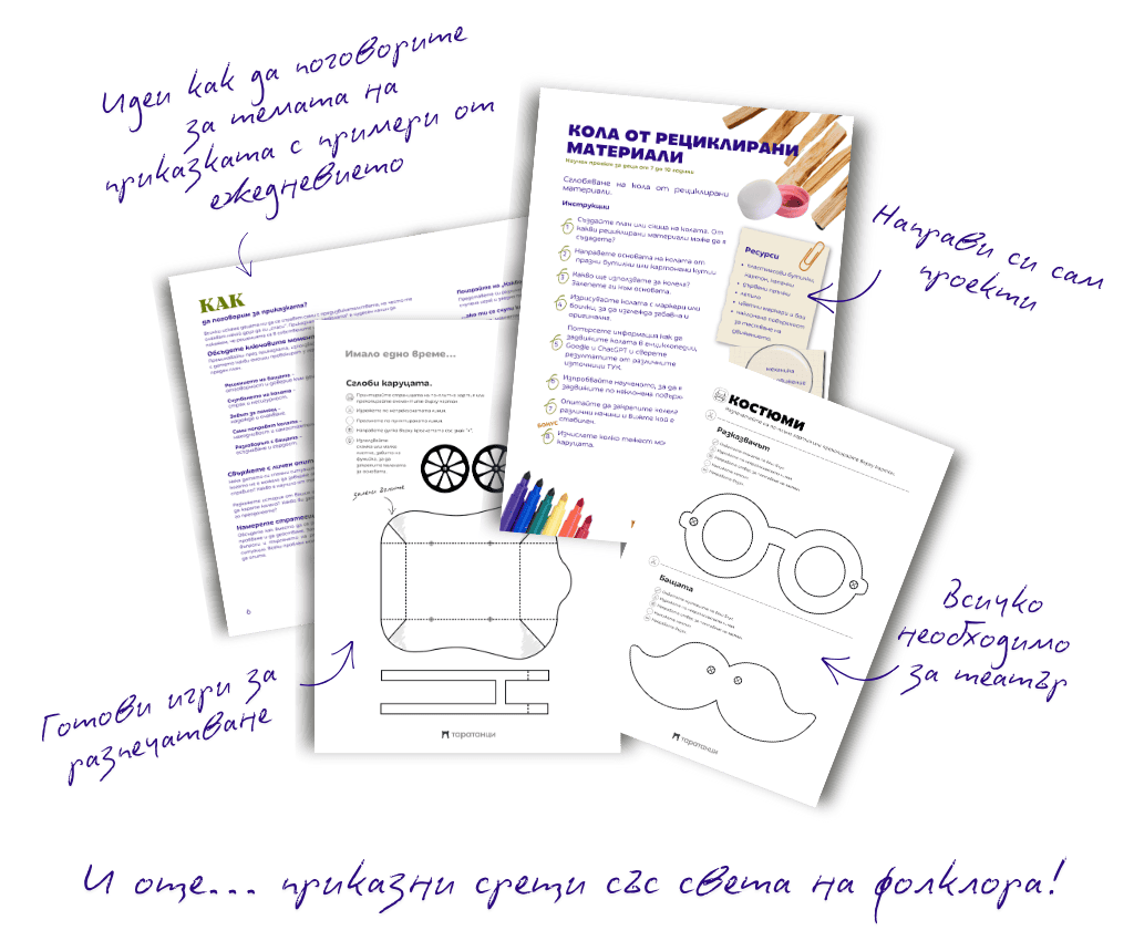 Страници от дигитална активна книжка с игри за печат, театър и проекти