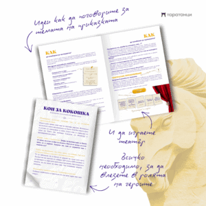 Страница с театър и тема за разговор в активна книжка „Кон за кокошка“ на български език